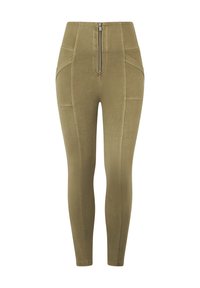 Leggings verde oliva a vita alta con pannelli testurizzati e chiusura centrale con zip. Presentano dettagli cuciti lungo i lati.