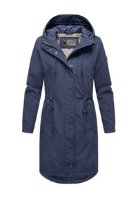 Marinblå lång parka med dragsko i midjan, dragkedjestängning och knappdetaljer. Har huva och elastiska ärmslut för komfort.