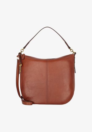 Brązowa skórzana torba na ramię o zaokrąglonym kształcie, z pojedynczym uchwytem u góry i regulowanym paskiem. Akcenty w kolorze złotym.