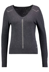 Grå stickad tröja med V-ringning, långa ärmar och kristalldekorationer längs mitten. Ribbad nederkant och mudd. Mjuk textur.