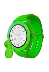 Groene smartwatch met een ronde wijzerplaat, witte wijzerplaat, zwarte cijfers en zilveren accenten. Inclusief een bijpassende groene oordop. Rubber strap.