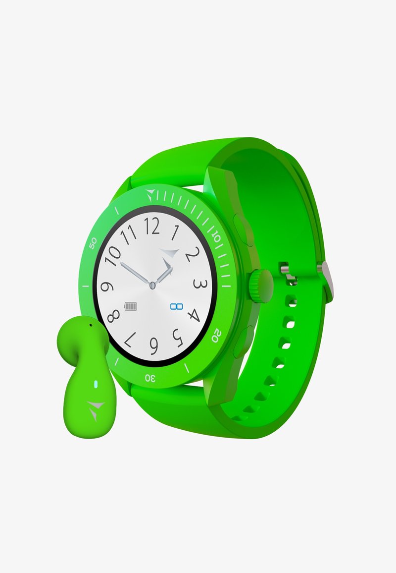 Orologio smartwatch verde con quadrante rotondo, quadrante bianco, numeri neri e dettagli argentati. Include un auricolare verde abbinato. Cinturino in gomma.
