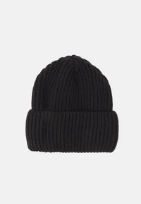 Svart strikket lue med ribbestruktur og oppbrett. Designet er enkelt og tettsittende. Ideell for kaldt vær.