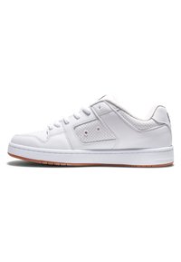 White leather sneaker with a smooth finish, perforated side accents, rounded toe, and a gum rubber outsole for traction. Flat laces included.