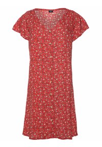 Robe rouge à fleurs avec manches courtes volantées, encolure en V et boutons à l'avant, confectionnée dans un tissu léger orné de petits motifs de fleurs blanches et vertes.