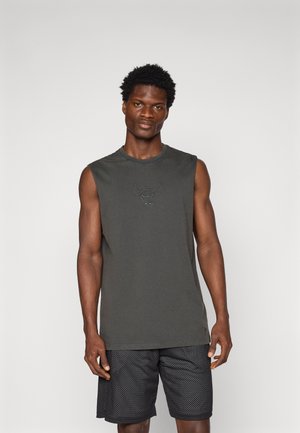 Dark gray sleeveless shirt with a round neckline, featuring an embossed bull logo on the chest, paired with textured black shorts.