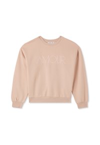 Różowy sweter z okrągłym dekoltem, długimi rękawami i elastycznymi mankietami. Z przodu znajduje się haftowany napis "AMOUR". Miękka faktura materiału.