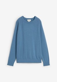 Maglione blu a maniche lunghe in maglia con scollatura rotonda, polsini e orlo a costine. Presenta maniche raglan e una texture liscia.