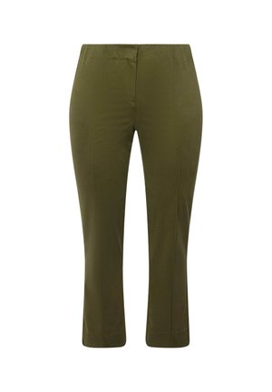 Groene, middelhoge broeken gemaakt van een rekbare stof, met een slim fit, rechte pijpen en geen zichtbare zakken of metalen onderdelen.