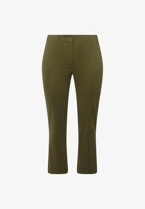 Groene, middelhoge broeken gemaakt van een rekbare stof, met een slim fit, rechte pijpen en geen zichtbare zakken of metalen onderdelen.