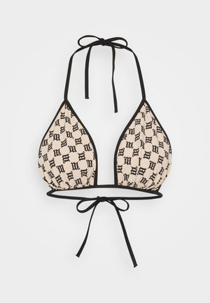 Top bikini a triangolo con sfondo pesca e motivi neri del logo, sottili lacci neri per le regolazioni del collo e della schiena. Tessuto morbido.