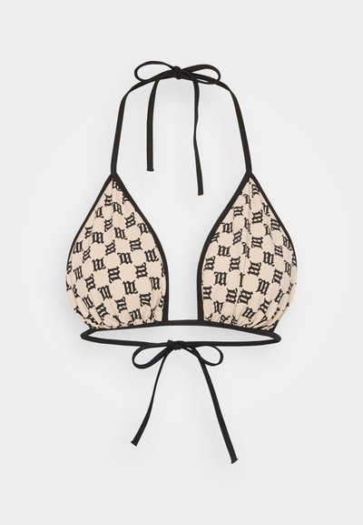 Trijstūra formas bikini augšdaļa ar persiku krāsu fona un melnām logo zīmēm, plānām melnām saitēm kakla un muguras regulēšanai. Mīksts audums.