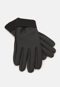Black gloves made of soft, stretchy fabric with a ribbed knit cuff. Features five fingers with a snug fit. Smooth exterior texture.