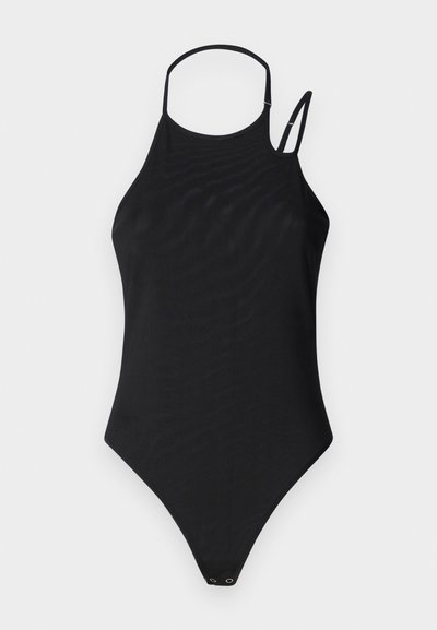 Black one-piece swimsuit with a high neckline, slim over-the-shoulder straps, and a high-cut leg design. Features metal hardware detail.
