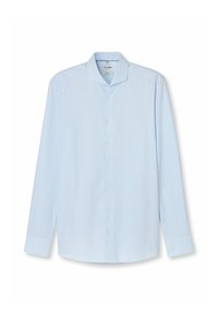 Hellblaues Langarmhemd mit Knopfleiste und einem dezenten diagonalen Muster, mit Kragen und geradem Saum. Hergestellt aus weichem Stoff.
