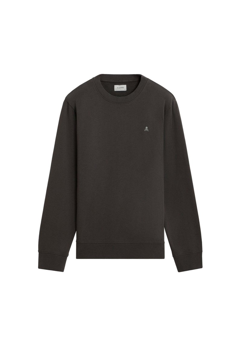 Sudadera de manga larga en gris oscuro con cuello redondo, con pequeño logotipo de calavera y tibias cruzadas en gris claro en el lado izquierdo del pecho.