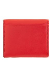Portafoglio in pelle rossa con texture liscia, forma rettangolare e bordi cuciti. Presenta scomparti per carte da un lato, design minimalista.