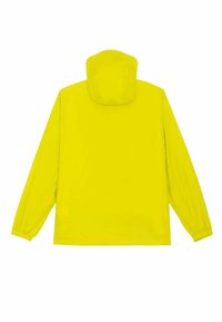 Veste jaune à capuche avec manches longues et poignets élastiques, vue de dos sur un fond blanc uni.