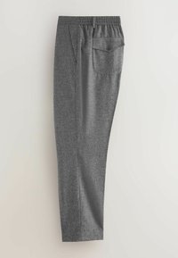 Gray woven trousers with an elastic waistband, side pockets, and a single back pocket, featuring a straight-leg design.