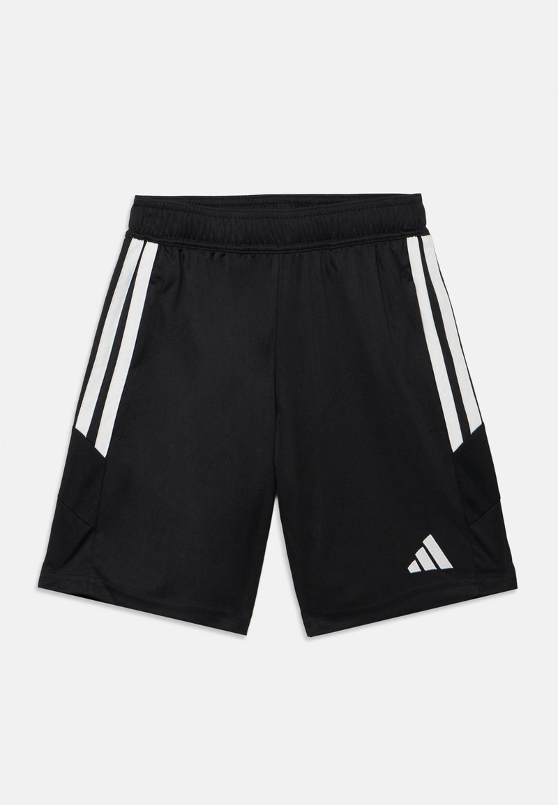 Μαύρο αθλητικό σορτς με λευκό σχέδιο τριπλής ρίγας στα πλάγια, ελαστική μέση και λογότυπο Adidas σε λευκό στο κάτω δεξιό μέρος. Λείο ύφασμα.