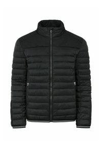 Czarna pikowana kurtka z wysokim kołnierzem, zapinana na zamek błyskawiczny, z prążkowanymi mankietami i dwoma kieszeniami po bokach. Posiada gładką fakturę oraz poziome przeszycia.