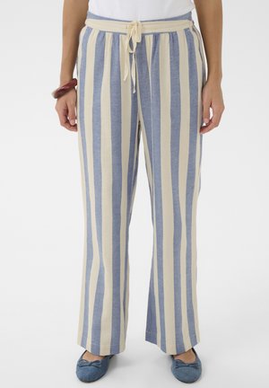 Widok na nogi osoby noszącej spodnie z wysokim stanem, szerokie, z pionowymi niebiesko-beżowymi paskami, z wiązaniem w pasie oraz niebieskimi balerinami.