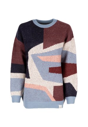 Sweater with crew neck and abstract geometric pattern in blue, burgundy, cream, pink, and navy colors on a white background.