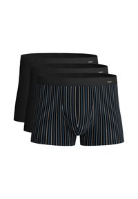 Three pairs of men's boxers: one solid black, and two with vertical blue stripes on a black background, featuring elastic waistbands.
