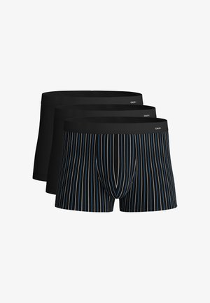 Three pairs of men's boxers: one solid black, and two with vertical blue stripes on a black background, featuring elastic waistbands.