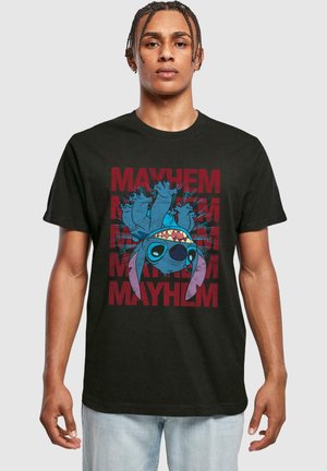 Black cotton t-shirt featuring a blue cartoon character with large ears and expressive eyes, overlaid with the word "MAYHEM" in red.