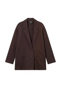 Dunkelbrauner zweireihiger Blazer mit Reverskragen, zwei Fronttaschen und langen Ärmeln, flach auf einem weißen Hintergrund ausgelegt.