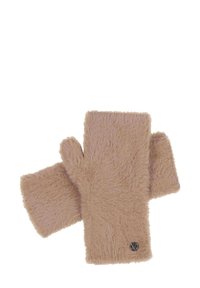 Beige faux karusnahast sõrmevabad kindad pehme tekstuuriga ja logoga aktsent, avatud sõrmedega disain paindlikkuse ja sooja hoidmiseks.