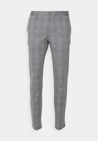 Pantalon gris à carreaux avec une coupe ajustée, doté d'une fermeture par bouton et d'un devant plat. Texture lisse avec un motif subtil sur toute la surface.