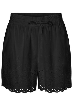 Sorte elastiske shorts med snøre i taljen, øjlebroderi og bølget kantdetalje.