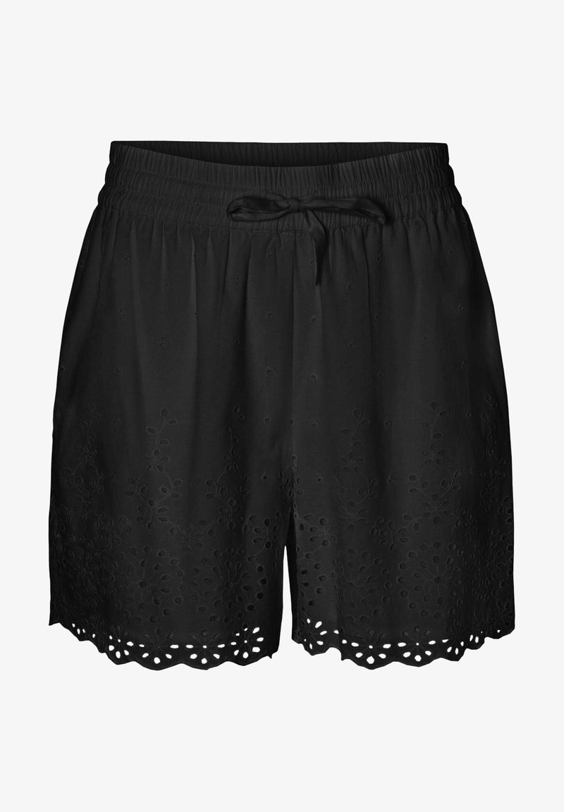 Short noir à taille élastique avec cordon, broderie œillets et détail ourlet festonné.