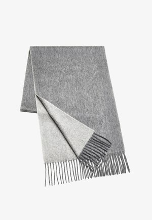 Gray scarf made of soft material, featuring a two-tone design with light and dark shades, finished with long fringes along one edge.