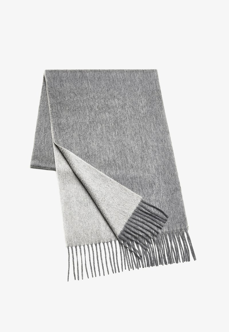 Gray scarf made of soft material, featuring a two-tone design with light and dark shades, finished with long fringes along one edge.