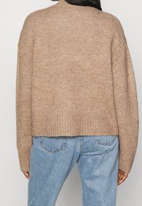 Personne portant un pull en tricot beige et un jean en denim bleu clair, vu de dos contre un fond uni.