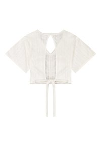 Λευκό κοντό δαντελένιο μπλουζάκι με φαρδιά κοντά μανίκια, άνοιγμα στο πίσω μέρος και κλείσιμο με δέσιμο μπροστά.