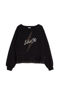 Sudadera negra con un diseño de rayo de piel de leopardo y la palabra "Liu Jo" en blanco. Presenta un dobladillo con volantes y mangas largas.