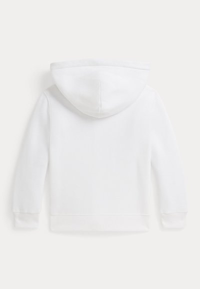 Plain white hooded sweatshirt shown from the back with long sleeves and ribbed cuffs and hem.