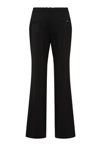 Pantalons noirs à jambes larges avec une taille élastique, deux poches arrière et une texture de tissu lisse. Ajustés à la taille, évasés au niveau des hanches.