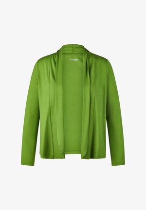 Green open-front long-sleeve cardigan with a draped collar and smooth fabric, labeled "Rabe" inside the neckline.