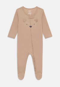 Beige ribbed onesie with long sleeves, featuring bear ears, a print of a bear face, and a front zipper for easy dressing. Soft fabric texture.