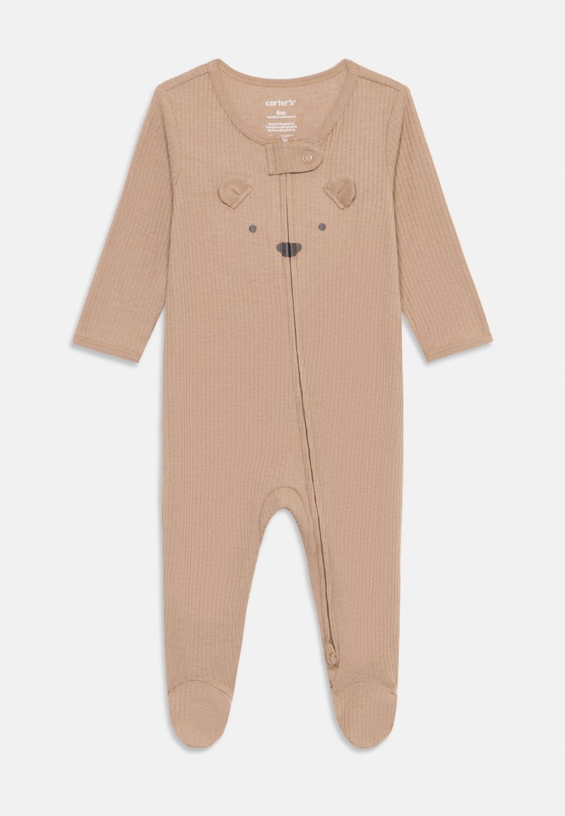 Beige ribbed onesie with long sleeves, featuring bear ears, a print of a bear face, and a front zipper for easy dressing. Soft fabric texture.