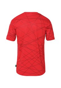 Rode sportshirt met korte mouwen, een ronde hals en een geometrisch patroon van dunne, kruisende lijnen in een donkerdere tint.