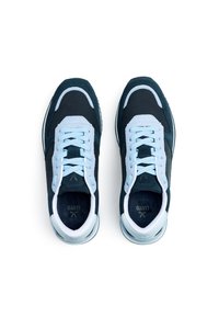 Ein Paar dunkelblaue und hellblaue Schnürschuhe, von oben auf einem weißen Hintergrund betrachtet.