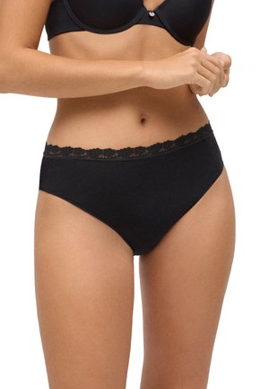 Calzón negro de tiro alto con detalles de encaje en la cintura, tejido suave y un diseño ajustado apto para el uso diario.