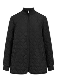 Svart quiltad jacka med hel dragkedja fram, ribbad hög krage och manschetter, samt två framfickor.