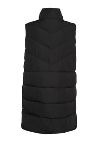 Svart puffervest med høy krage, chevron-quiltet design og tykk polstring. Glatt tekstur, ermløs og midt-lengde.